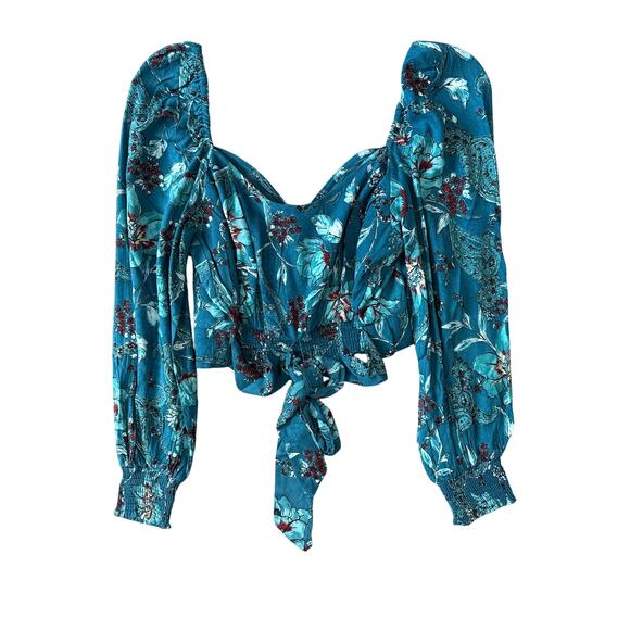 Band of the Free Sybille Teal Boho Floral Smocked Crossover Crop Top Casual L - Picture 3 of 5